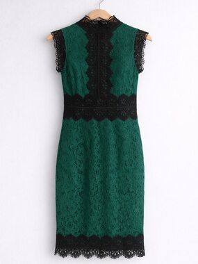 NY & Company Green Black Lace Dress Womens Small Mock Neck Sheath Cocktail NWT